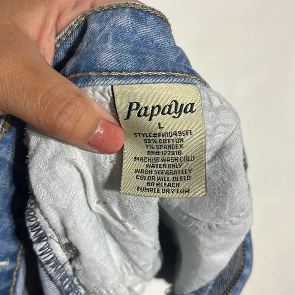 Papaya High-Rise Asymmetrical Frayed Medium Wash Denim Skirt Size Large - Picture 8 of 8